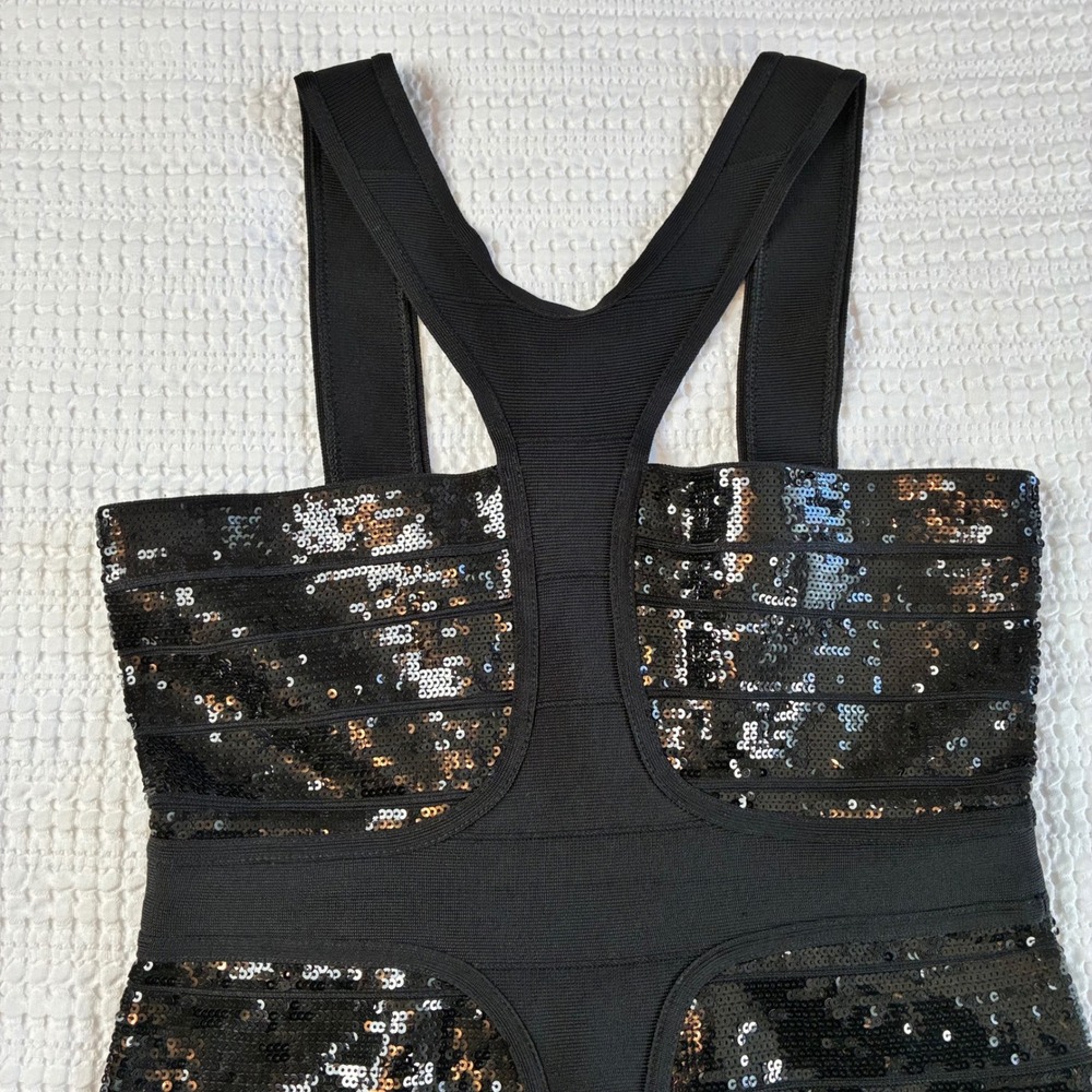 Herve Leger Bandage Dress Mini Jordan Black Sequin LBD Body Con Large - Picture 2 of 12